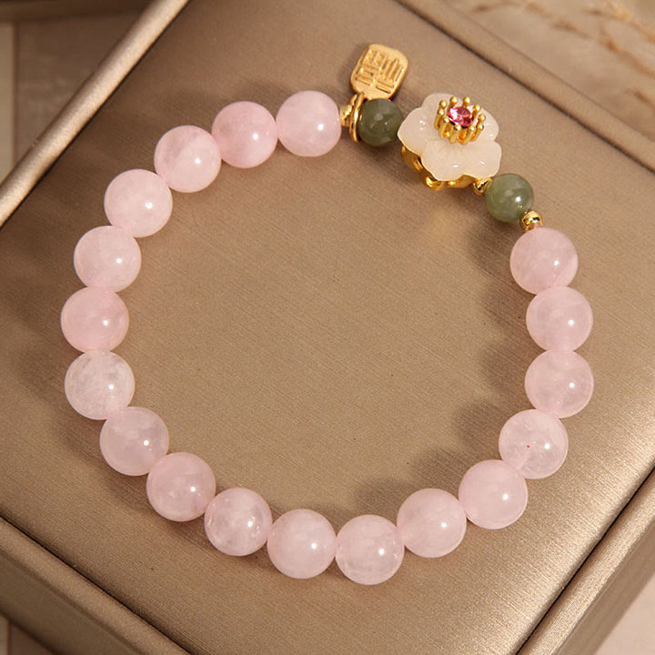 Buddha Stones Quarzo rosa Fiore di pesco Giada Hetian Fu Carattere Relazioni Braccialetto curativo