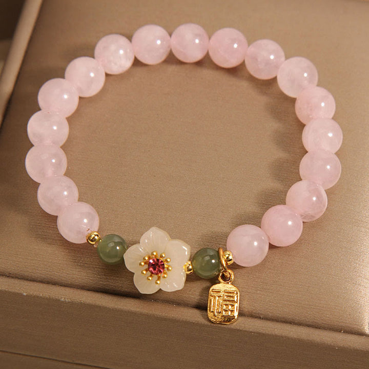 Buddha Stones Quarzo rosa Fiore di pesco Giada Hetian Fu Carattere Relazioni Braccialetto curativo
