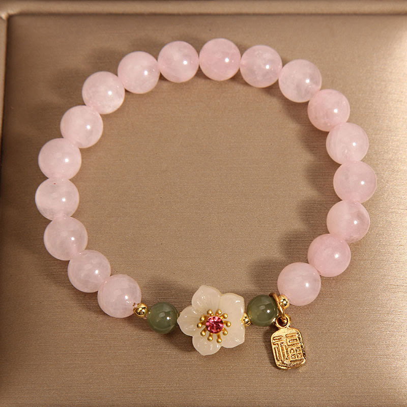 Buddha Stones Quarzo rosa Fiore di pesco Giada Hetian Fu Carattere Relazioni Braccialetto curativo