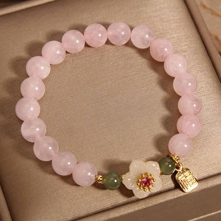 Buddha Stones Quarzo rosa Fiore di pesco Giada Hetian Fu Carattere Relazioni Braccialetto curativo