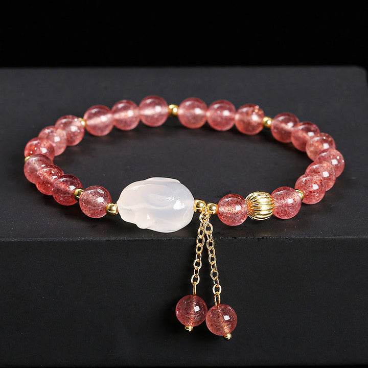 Braccialetto di guarigione naturale in quarzo fragola e agata con coniglio Buddha Stones