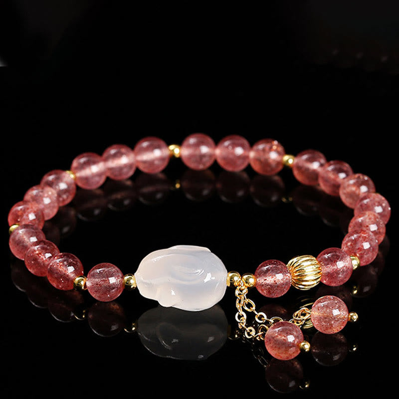 Braccialetto di guarigione naturale in quarzo fragola e agata con coniglio Buddha Stones
