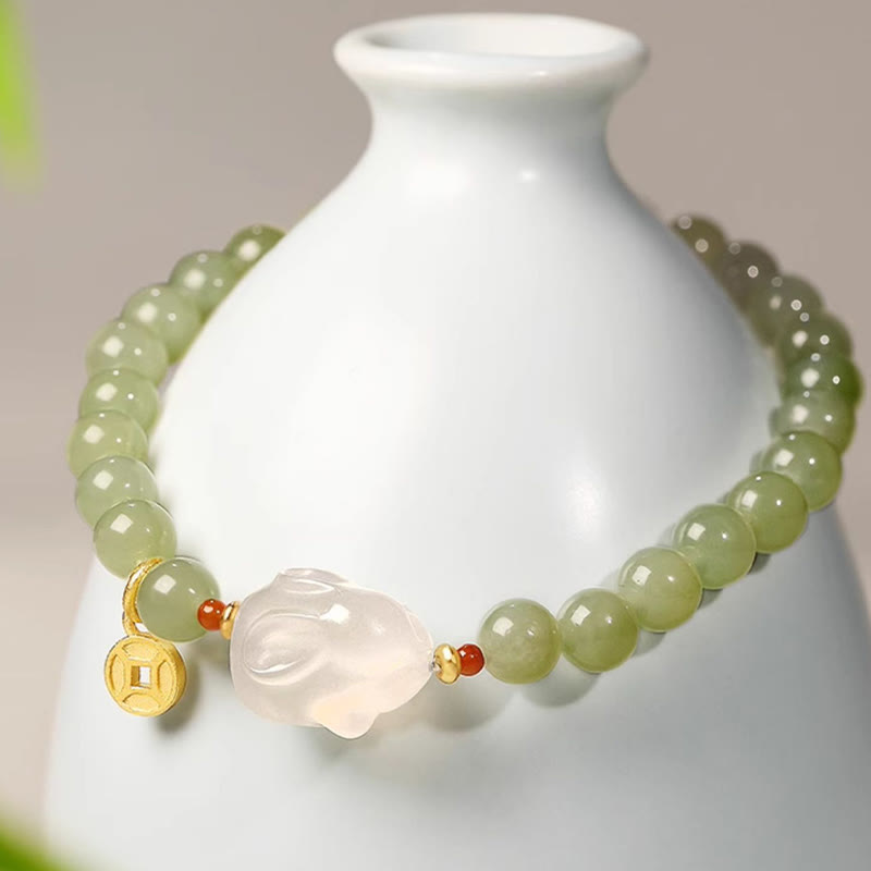 Braccialetto portafortuna con moneta di rame e coniglio in giada naturale di Hetian, agata e pietre Buddha Stones