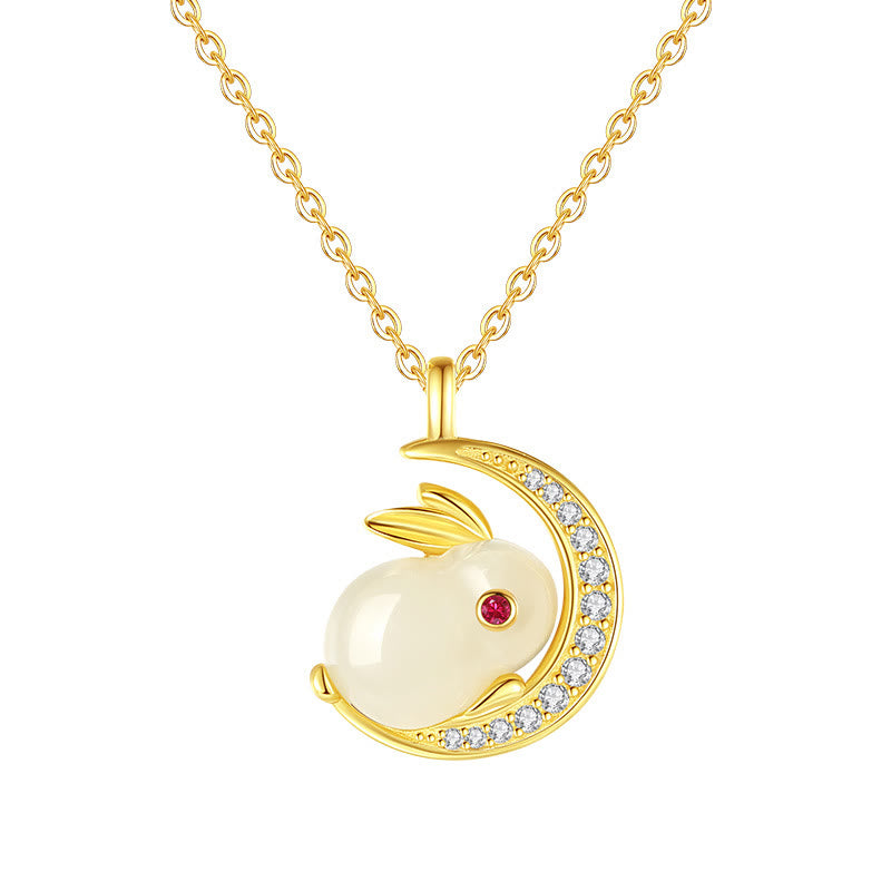 Buddha Stones 925 Sterling Silver Hetian Giada Bianca Coniglio Crescent Moon Luck Collana Pendente