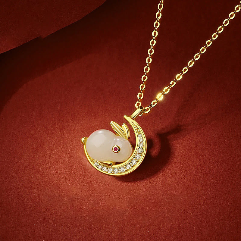 Buddha Stones 925 Sterling Silver Hetian Giada Bianca Coniglio Crescent Moon Luck Collana Pendente - image 3