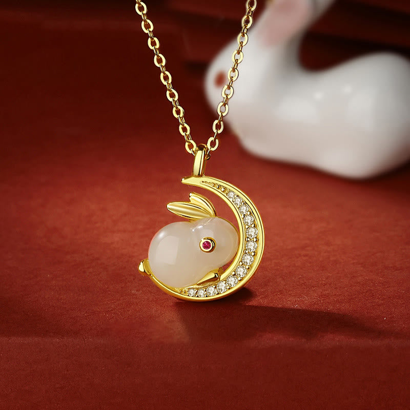 Buddha Stones 925 Sterling Silver Hetian Giada Bianca Coniglio Crescent Moon Luck Collana Pendente - Giada bianca di Hetian (Protezione ♥ Felicità) - image 0