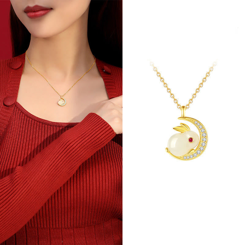 Buddha Stones 925 Sterling Silver Hetian Giada Bianca Coniglio Crescent Moon Luck Collana Pendente