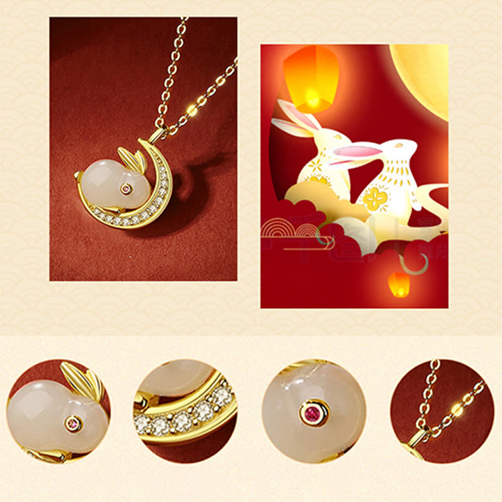 Buddha Stones 925 Sterling Silver Hetian Giada Bianca Coniglio Crescent Moon Luck Collana Pendente
