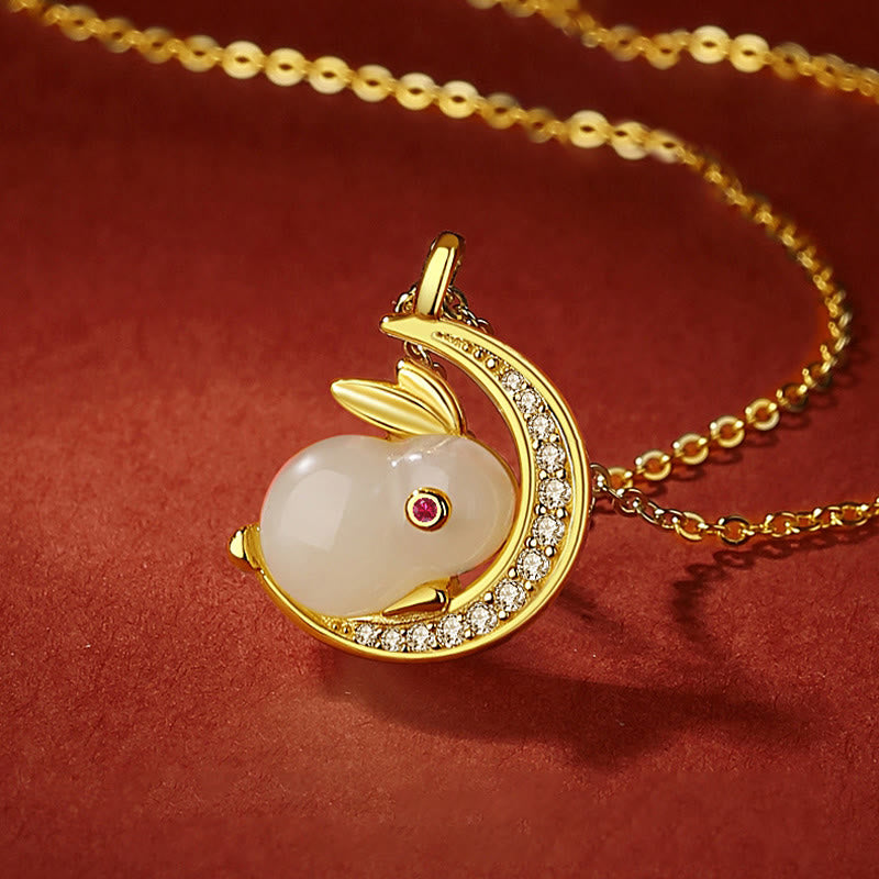 Buddha Stones 925 Sterling Silver Hetian Giada Bianca Coniglio Crescent Moon Luck Collana Pendente - image 1