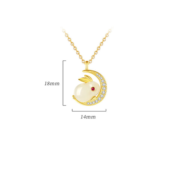 Buddha Stones 925 Sterling Silver Hetian Giada Bianca Coniglio Crescent Moon Luck Collana Pendente