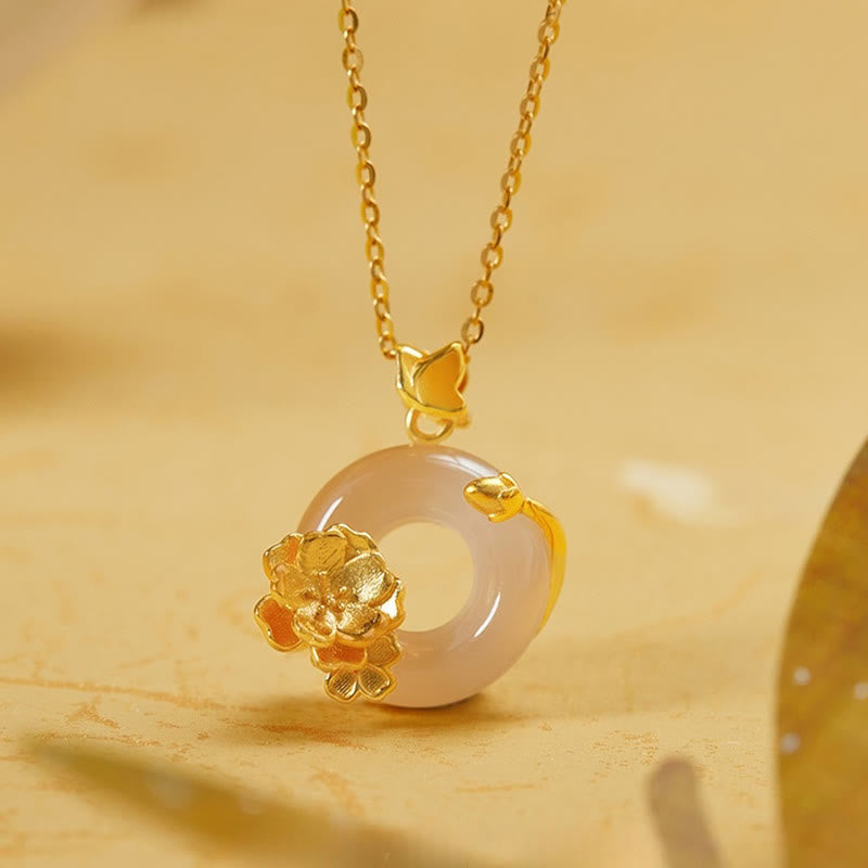 Buddha Stones Argento Sterling 925 Naturale Calcedonio Bianco Fibbia della Pace Fiore di Pesco Farfalla Collana Pendente Positivo - Calcedonio bianco - image 0