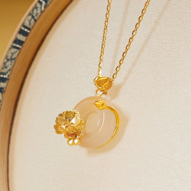 Buddha Stones Argento Sterling 925 Naturale Calcedonio Bianco Fibbia della Pace Fiore di Pesco Farfalla Collana Pendente Positivo - image 1