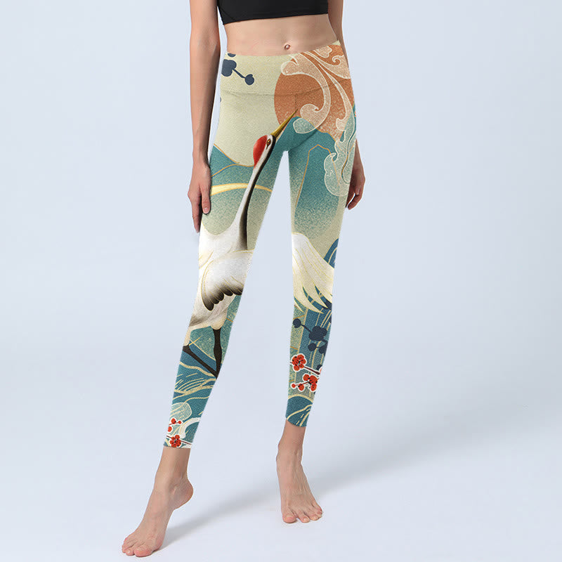 Leggings da palestra con stampa Buddha Stones Cranes Plum Blossoms Mountains Pantaloni da yoga da donna