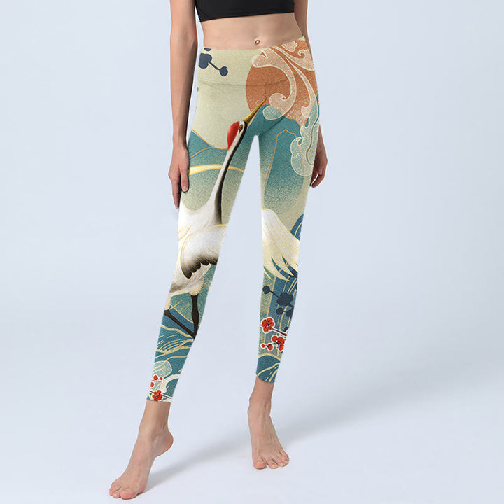 Leggings da palestra con stampa Buddha Stones Cranes Plum Blossoms Mountains Pantaloni da yoga da donna