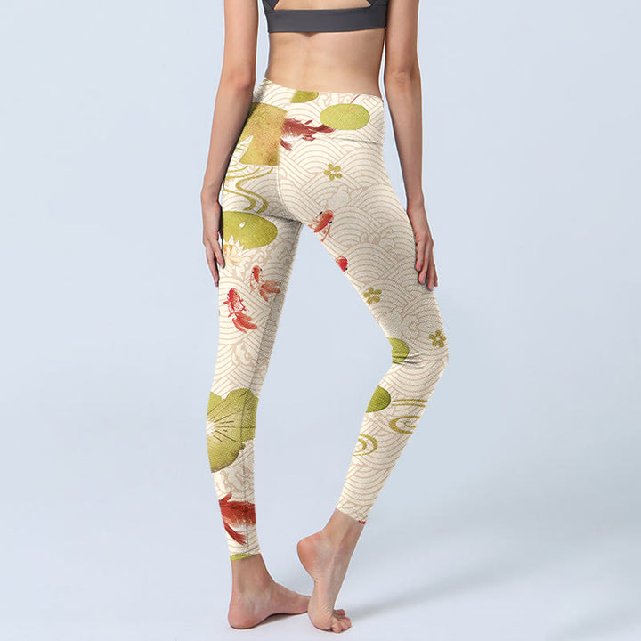Leggings da palestra con stampa di Buddha Stones loto e pesce koi, pantaloni da yoga da donna