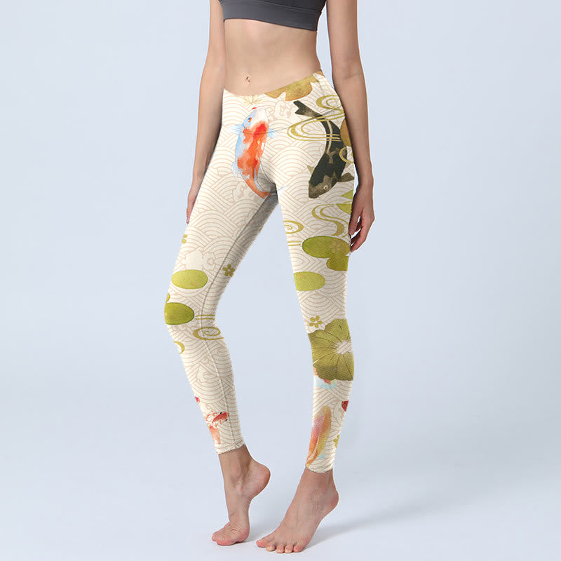 Leggings da palestra con stampa di Buddha Stones loto e pesce koi, pantaloni da yoga da donna - Avorio - US18, UK/AU22, EU50 (4XL) - image 0