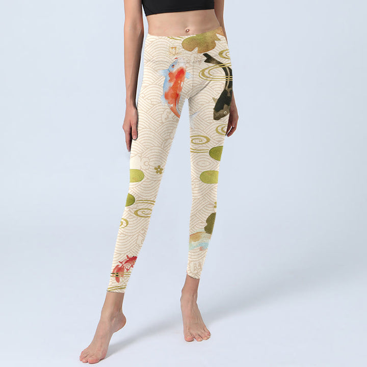 Leggings da palestra con stampa di Buddha Stones loto e pesce koi, pantaloni da yoga da donna