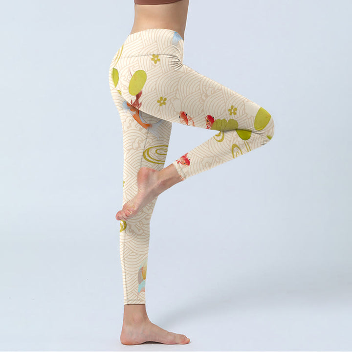 Leggings da palestra con stampa di Buddha Stones loto e pesce koi, pantaloni da yoga da donna