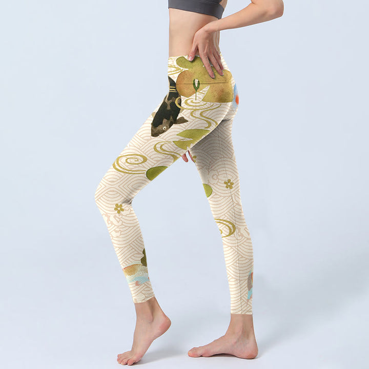 Leggings da palestra con stampa di Buddha Stones loto e pesce koi, pantaloni da yoga da donna