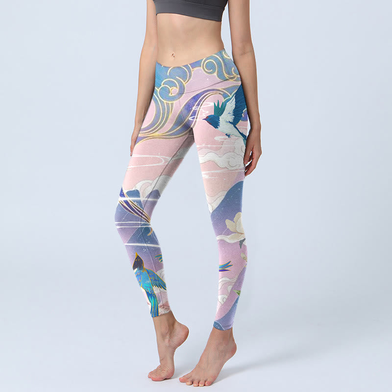 Leggings da palestra con stampa Buddha Stones Swallow Gazza Fiore Montagna Nuvole di buon auspicio Pantaloni da yoga da donna - Prugna - US18, UK/AU22, EU50 (4XL) - image 1