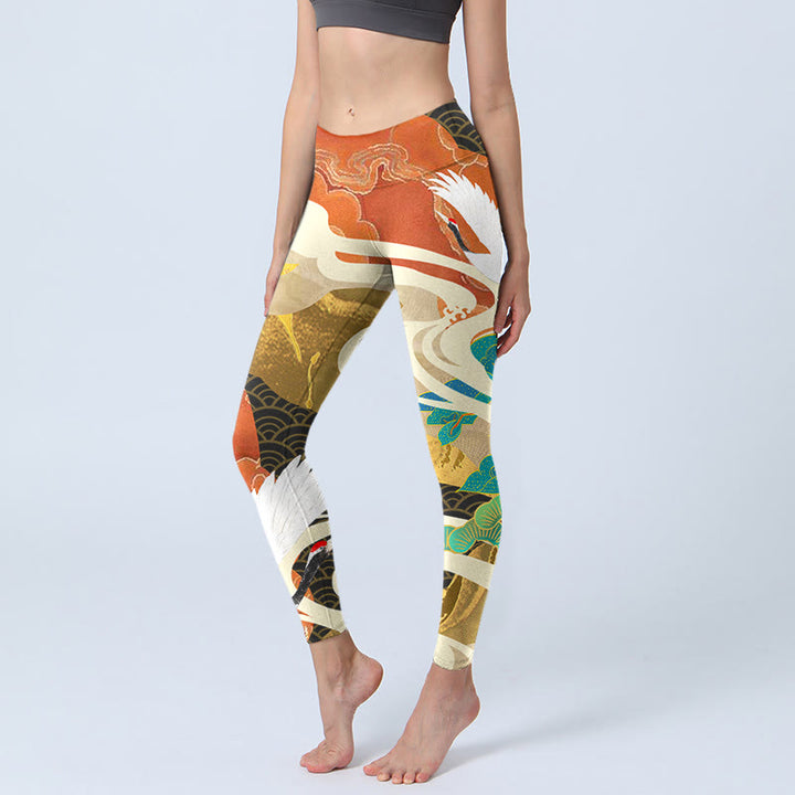 Leggings da palestra con stampa di Buddha Stones Red-crowned Crane e nuvole di buon auspicio Pine Tree, pantaloni da yoga da donna