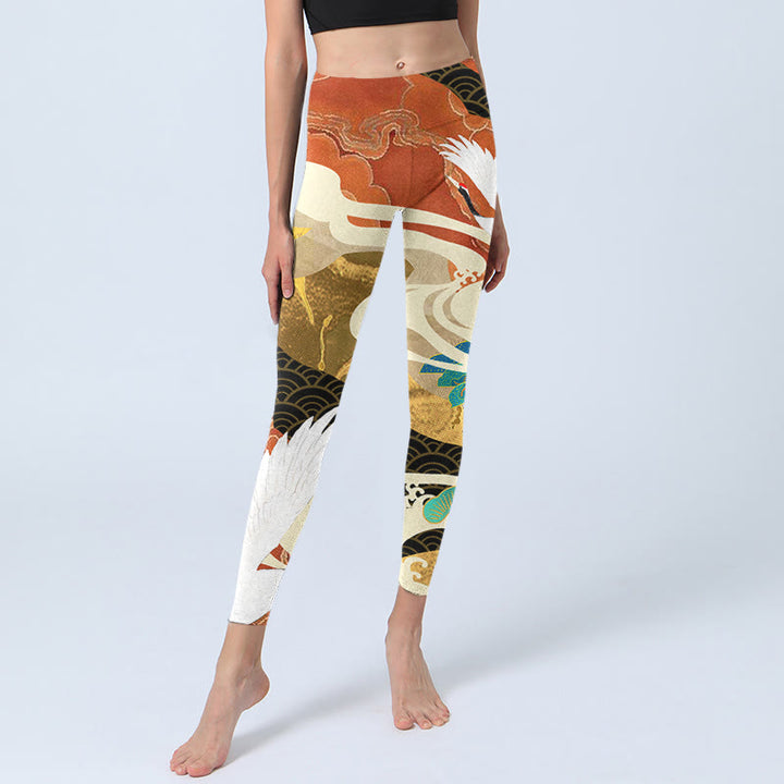 Leggings da palestra con stampa di Buddha Stones Red-crowned Crane e nuvole di buon auspicio Pine Tree, pantaloni da yoga da donna