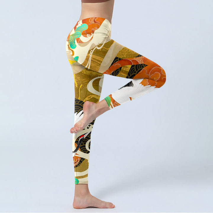 Leggings da palestra con stampa di Buddha Stones Red-crowned Crane e nuvole di buon auspicio Pine Tree, pantaloni da yoga da donna