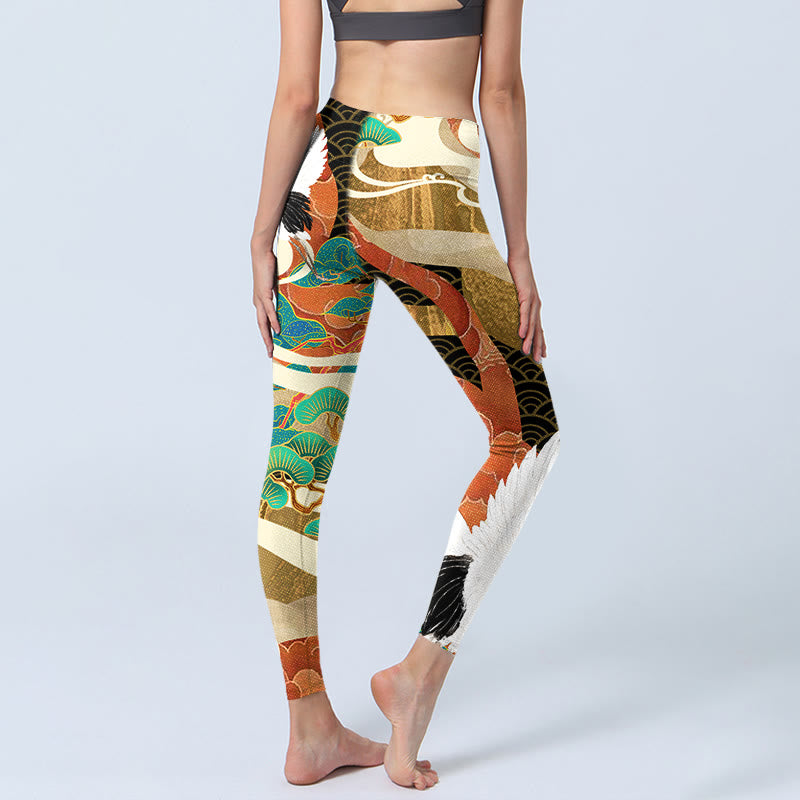 Leggings da palestra con stampa di Buddha Stones Red-crowned Crane e nuvole di buon auspicio Pine Tree, pantaloni da yoga da donna