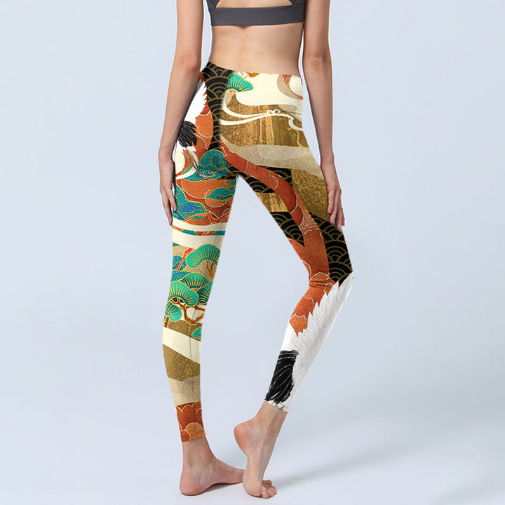 Leggings da palestra con stampa di Buddha Stones Red-crowned Crane e nuvole di buon auspicio Pine Tree, pantaloni da yoga da donna