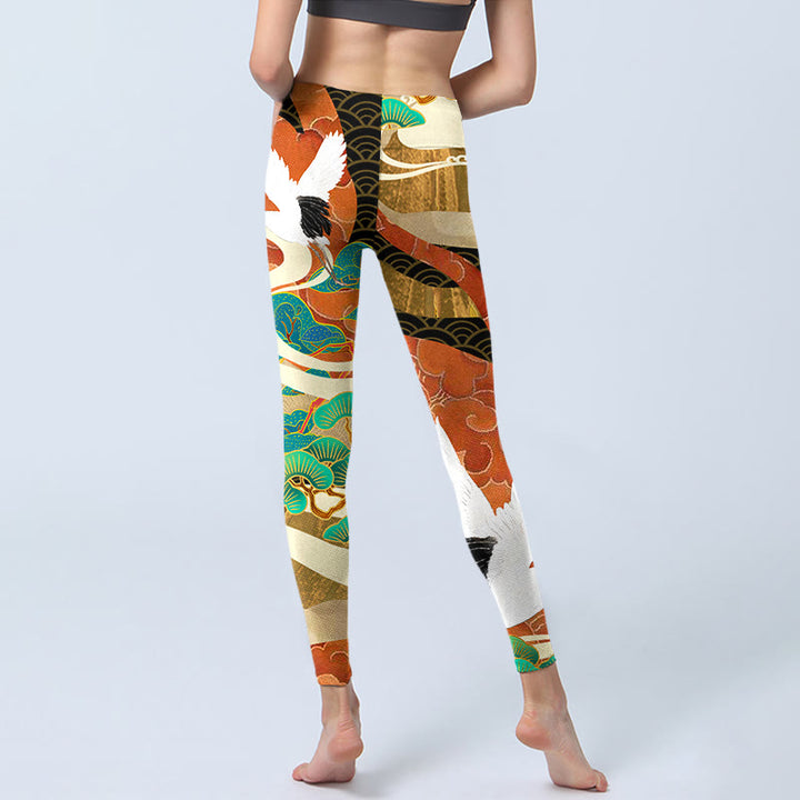 Leggings da palestra con stampa di Buddha Stones Red-crowned Crane e nuvole di buon auspicio Pine Tree, pantaloni da yoga da donna