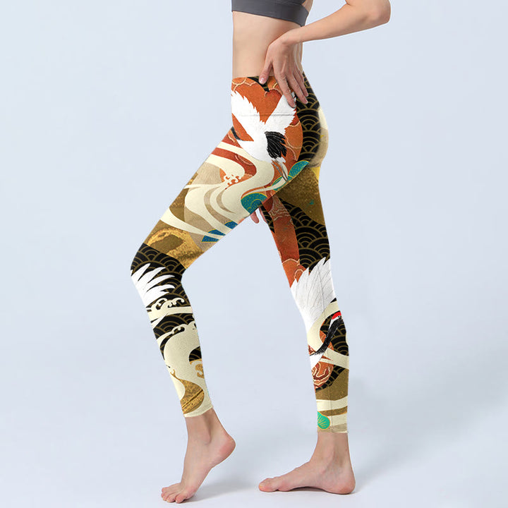 Leggings da palestra con stampa di Buddha Stones Red-crowned Crane e nuvole di buon auspicio Pine Tree, pantaloni da yoga da donna
