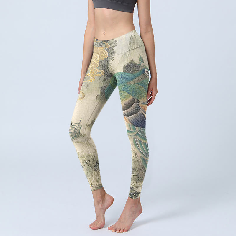 Leggings da palestra con stampa Buddha Stones Peacock, nuvole di buon auspicio, fiori di montagna, pantaloni da yoga da donna - Grigio chiaro - US18, UK/AU22, EU50 (4XL) - image 0
