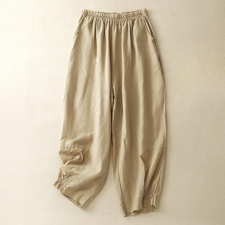 Pantaloni harem da donna in cotone con tasche, lunghezza 7-8, in tessuto patchwork con ricamo casual Buddha Stones - Verga d'oro - US8-10, UK/AU12-14, EU40-42 (2XL) - image 0
