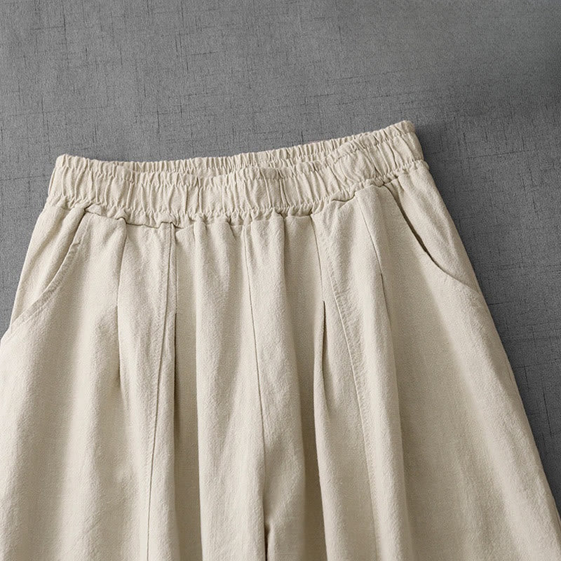 Pantaloni harem in lino e cotone casual tinta unita Buddha Stones da donna, lunghezza 7-8, con tasche