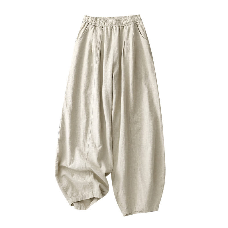 Pantaloni harem in lino e cotone casual tinta unita Buddha Stones da donna, lunghezza 7-8, con tasche