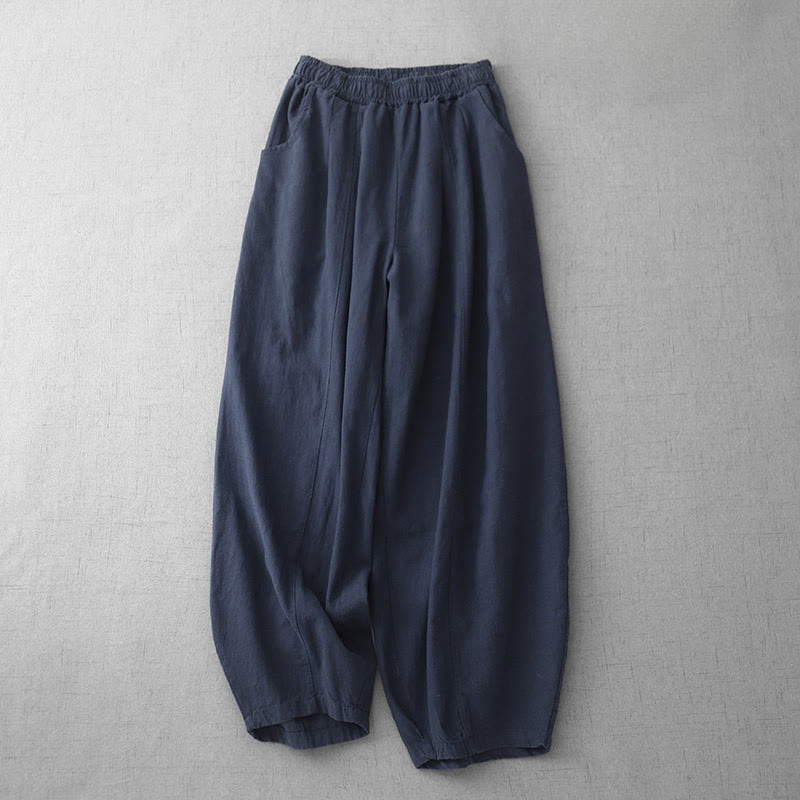 Pantaloni harem in lino e cotone casual tinta unita Buddha Stones da donna, lunghezza 7-8, con tasche