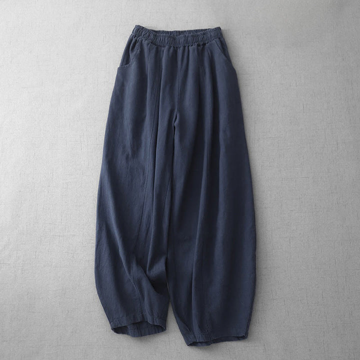 Pantaloni harem in lino e cotone casual tinta unita Buddha Stones da donna, lunghezza 7-8, con tasche