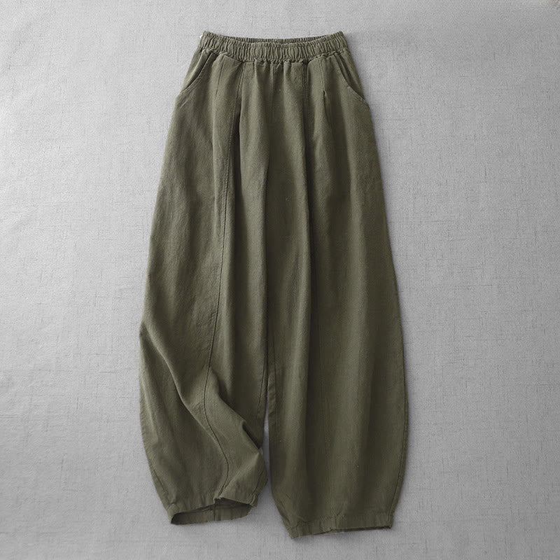 Pantaloni harem in lino e cotone casual tinta unita Buddha Stones da donna, lunghezza 7-8, con tasche