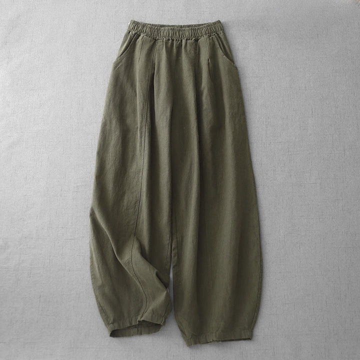 Pantaloni harem in lino e cotone casual tinta unita Buddha Stones da donna, lunghezza 7-8, con tasche
