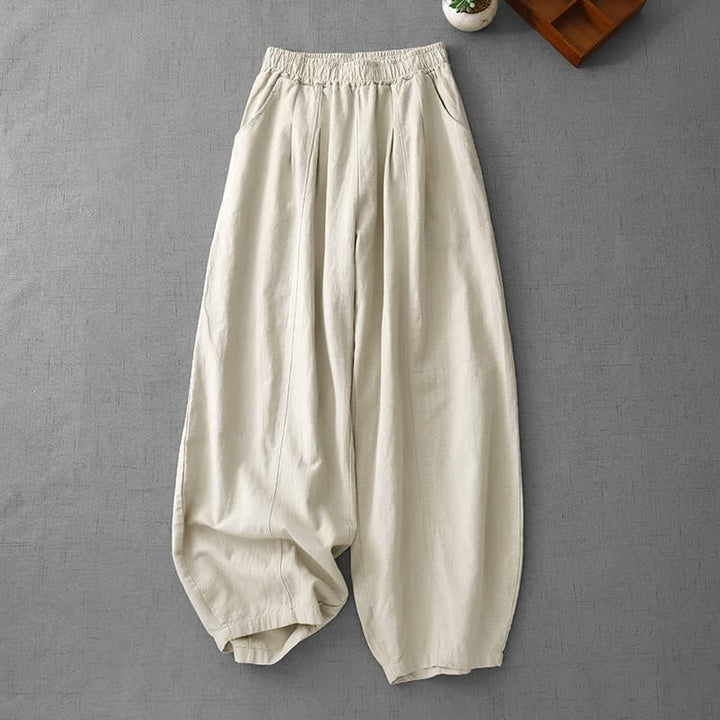 Pantaloni harem in lino e cotone casual tinta unita Buddha Stones da donna, lunghezza 7-8, con tasche