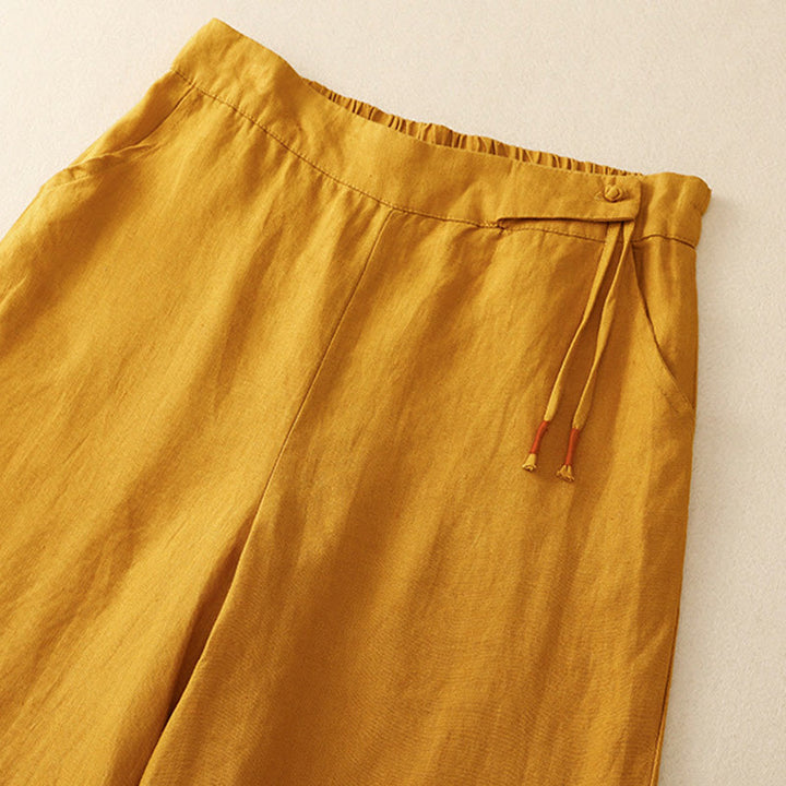 Pantaloni larghi da donna in cotone e lino con tasche, casual, a vita alta, tinta Buddha Stones - image 2