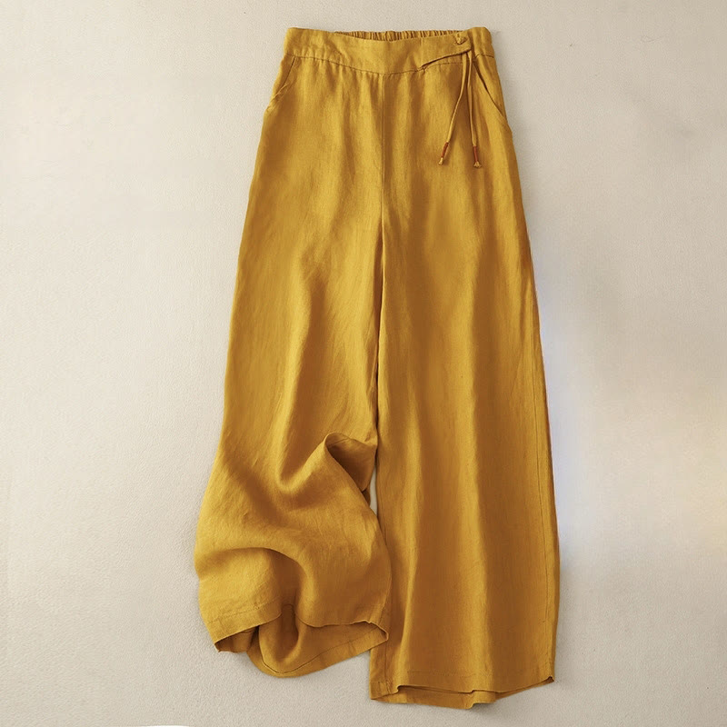Pantaloni larghi da donna in cotone e lino con tasche, casual, a vita alta, tinta Buddha Stones - Verga d'oro - US12, UK/AU16, EU44 (3XL) - image 0
