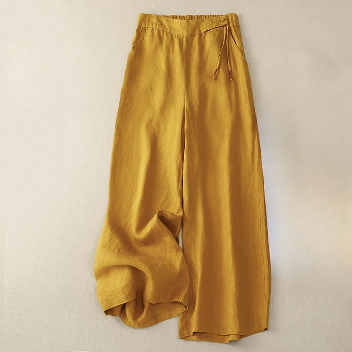 Pantaloni larghi da donna in cotone e lino con tasche, casual, a vita alta, tinta Buddha Stones - Verga d'oro - US12, UK/AU16, EU44 (3XL) - image 0