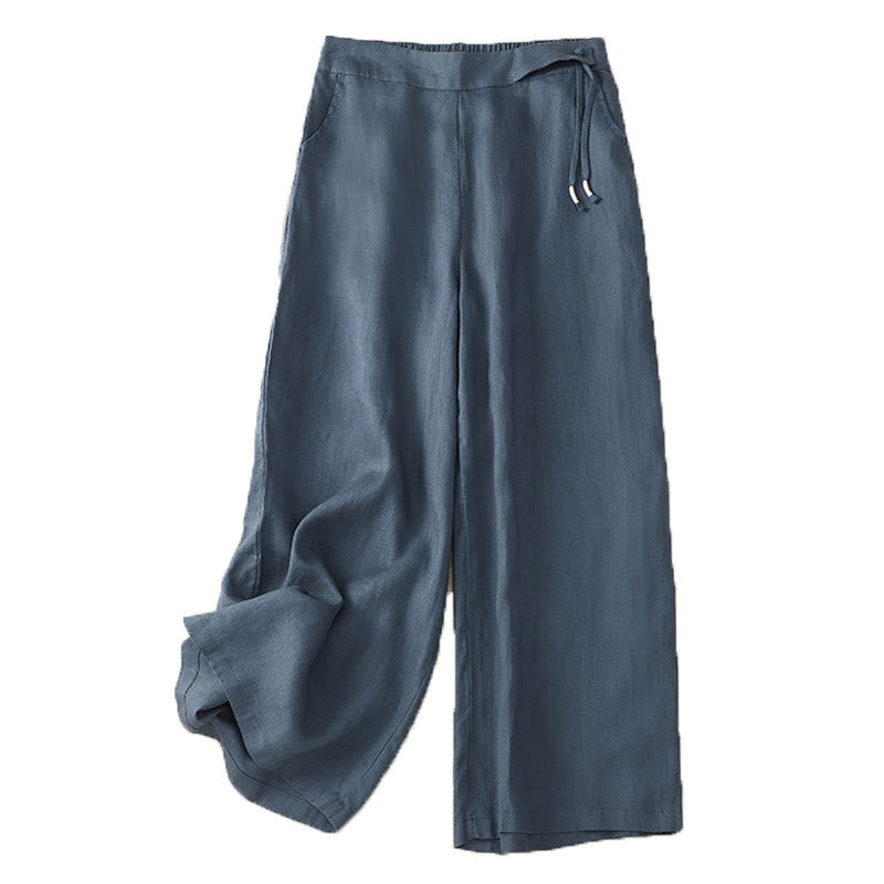 Pantaloni larghi da donna in cotone e lino con tasche, casual, a vita alta, tinta Buddha Stones - image 21