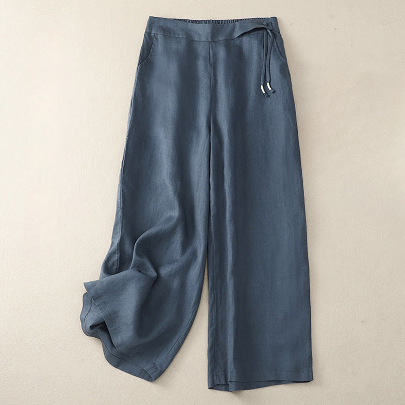Pantaloni larghi da donna in cotone e lino con tasche, casual, a vita alta, tinta Buddha Stones - SteelBlue - US12, UK/AU16, EU44 (3XL) - image 20