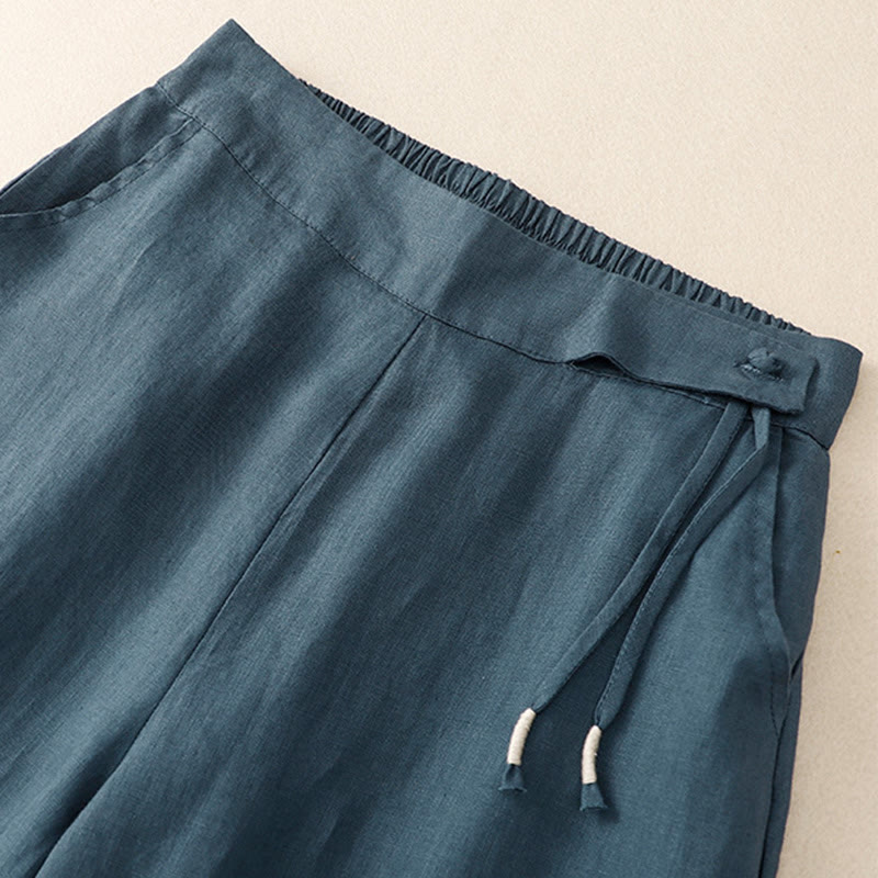 Pantaloni larghi da donna in cotone e lino con tasche, casual, a vita alta, tinta Buddha Stones - image 25