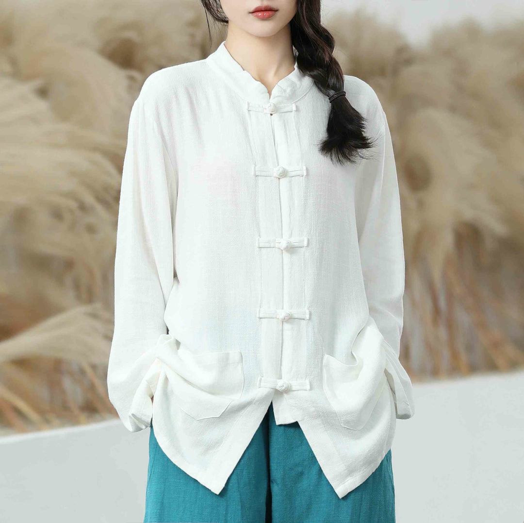 Camicie da donna in cotone e lino a maniche lunghe con bottoni a rana, tinta unita, con tasche, Buddha Stones - Bianco - US8-10, UK/AU12-14, EU40-42 (XL) - image 0