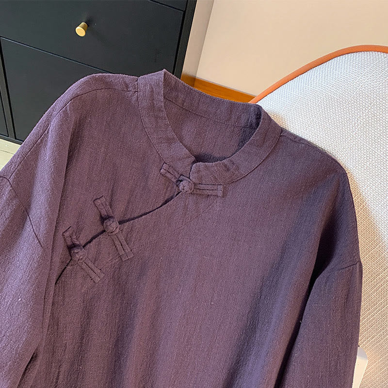 Camicia casual da donna in cotone e lino, a maniche lunghe, con colletto rialzato, abbottonatura a rana, modello Buddha Stones - image 3