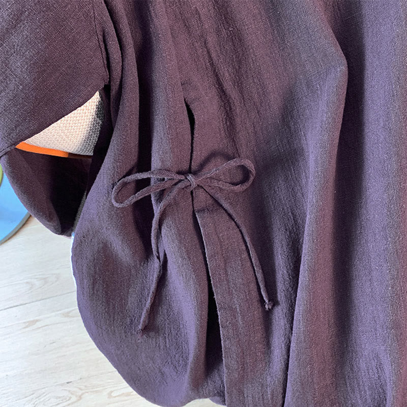 Camicia casual da donna in cotone e lino, a maniche lunghe, con colletto rialzato, abbottonatura a rana, modello Buddha Stones - image 6