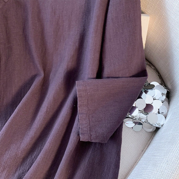 Camicia casual da donna in cotone e lino, a maniche lunghe, con colletto rialzato, abbottonatura a rana, modello Buddha Stones - image 4